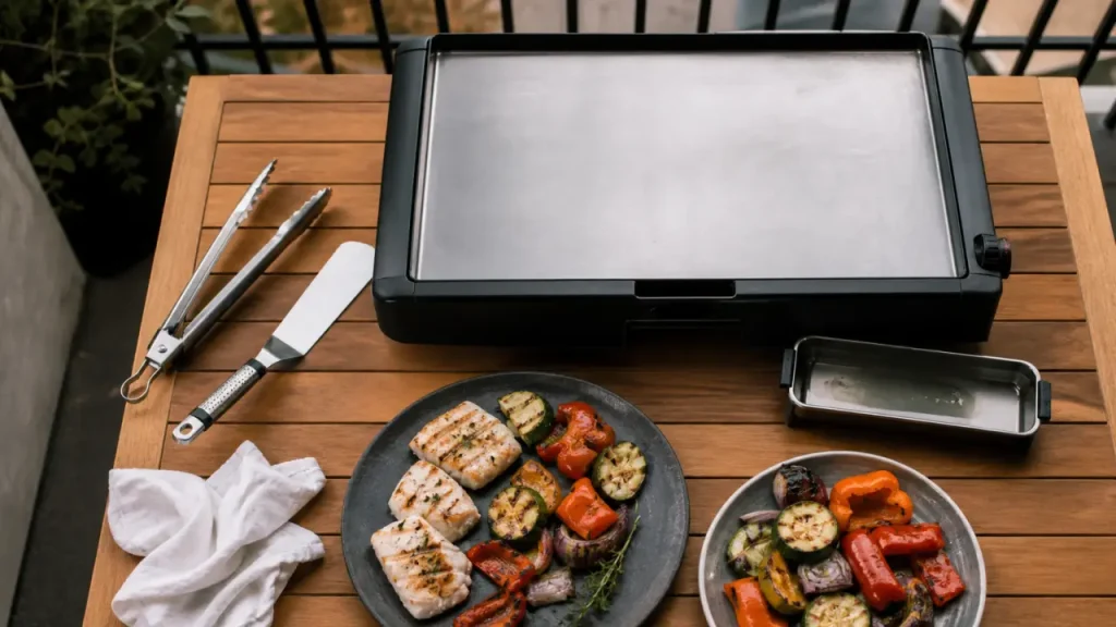 Plancha exterieur électrique noire et plaque inox sur table en teck