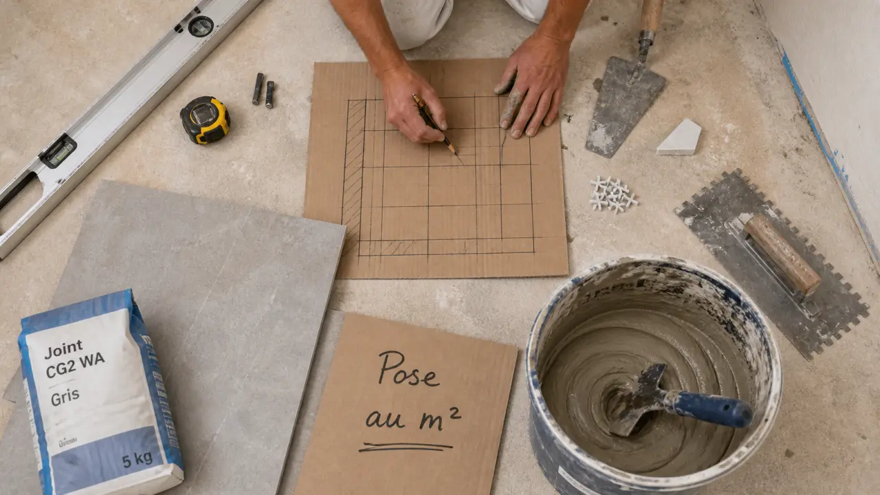 Pose carrelage prix au m² : carreleur trace le calepinage