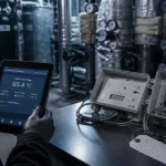 Technicien vérifie la réglementation chauffage immeuble collectif dans un chauffage collectif
