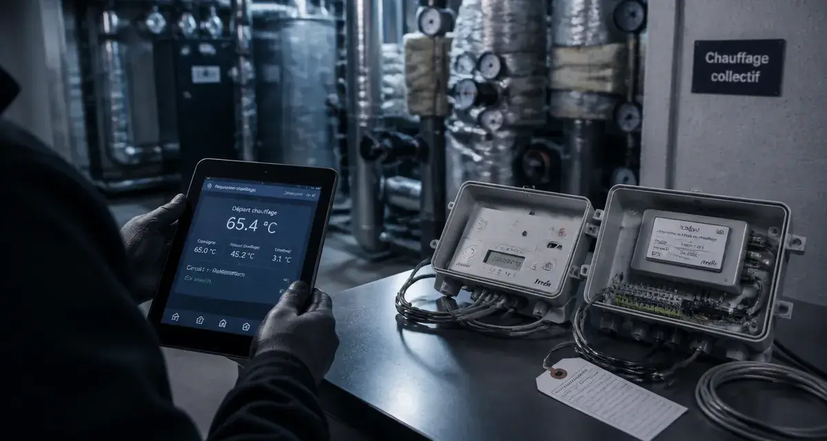 Technicien vérifie la réglementation chauffage immeuble collectif dans un chauffage collectif