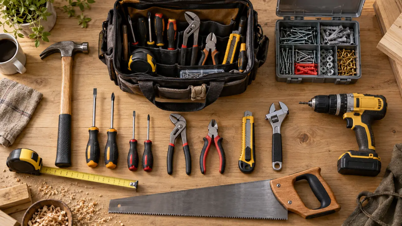 Bricolage outils : set d’outils sur table en bois