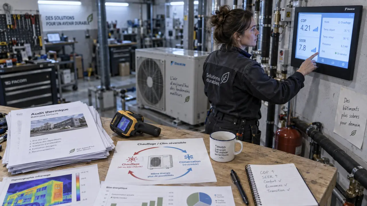 Chauffage et climatisation réversible : technicien vérifie le confort thermique en atelier
