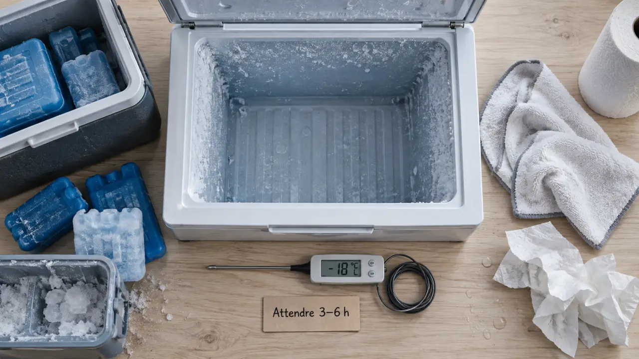 3 à 6 h avant de remplir un congélateur après dégivrage, à -18 °C
