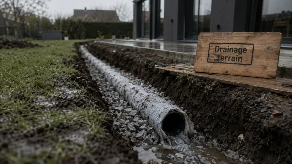 Drainage terrain : tranchée drainante et exutoire qui évitent drains bouchés