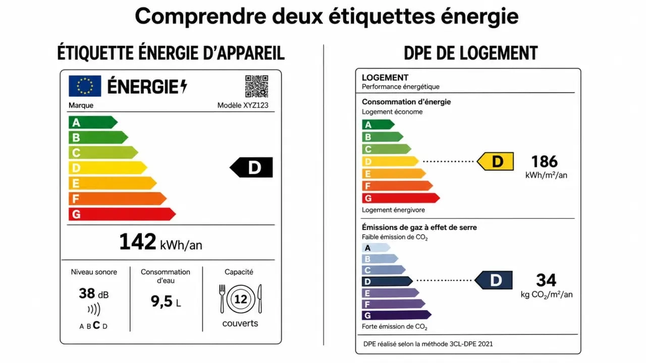 Étiquette énergie comparant appareil et logement avec classes A à G, kWh, dB et DPE