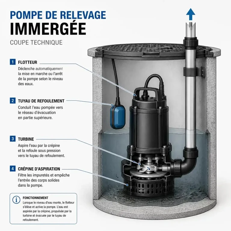 Schéma de fonctionnement d'une pompe de relevage pour eaux usées