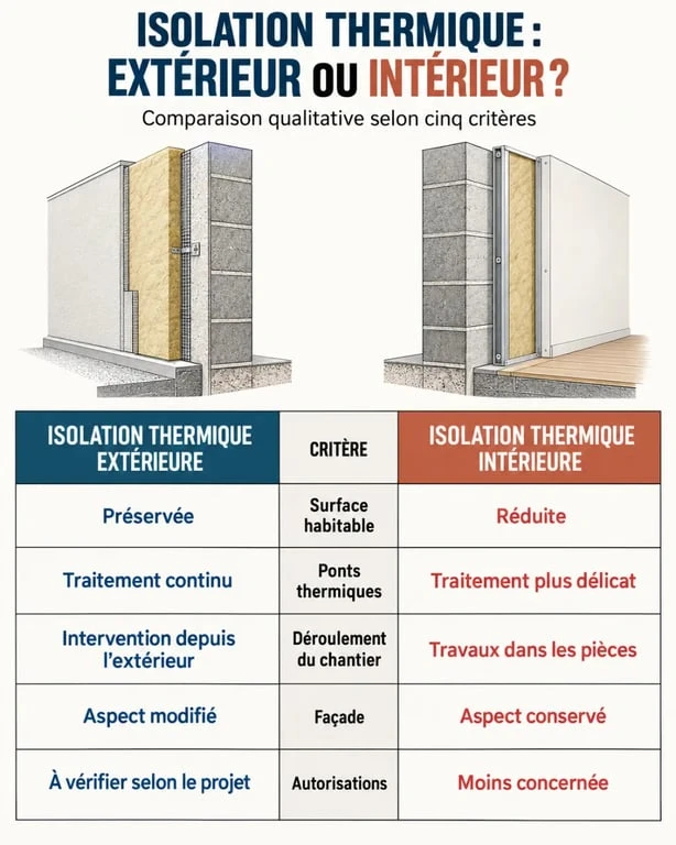 Comparaison entre isolation thermique extérieure et isolation intérieure