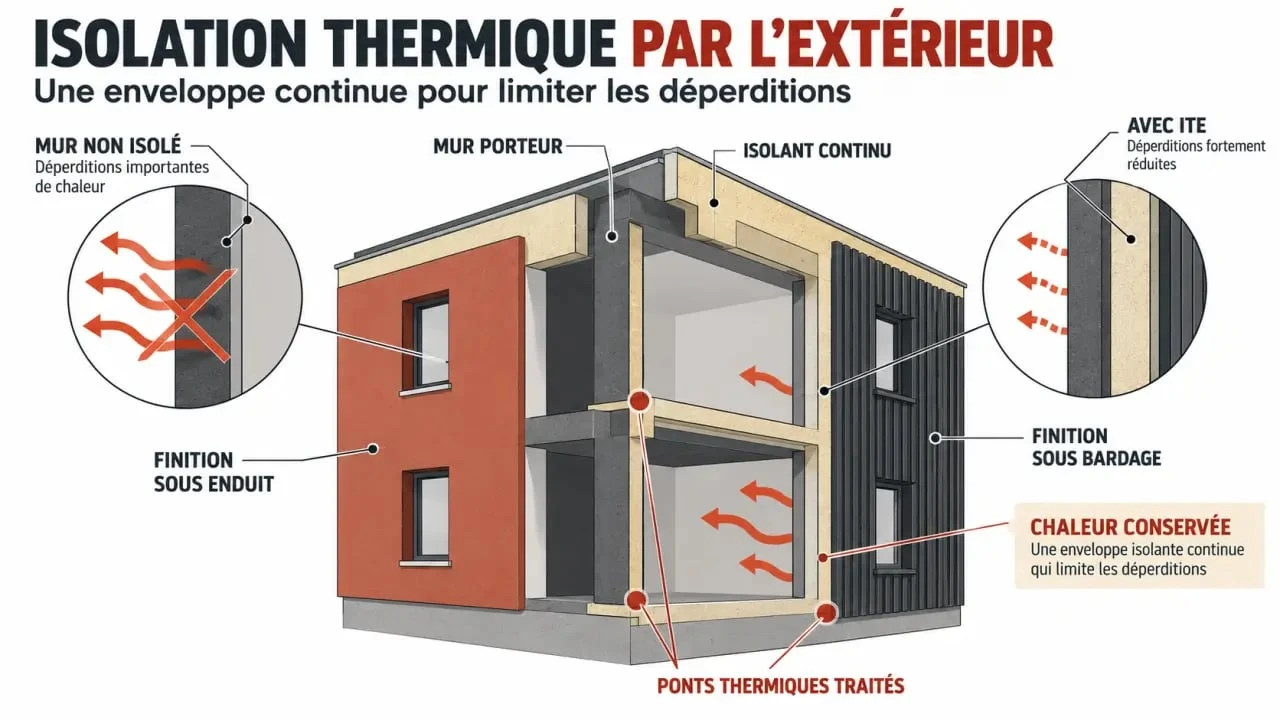 Schéma du principe de l’isolation thermique extérieure avec enduit et bardage