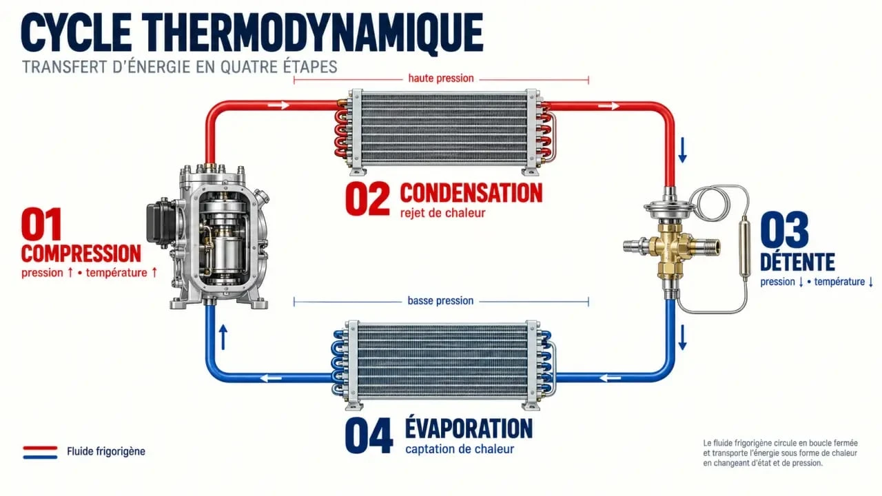 Schéma du cycle thermodynamique pour chauffage et climatisation