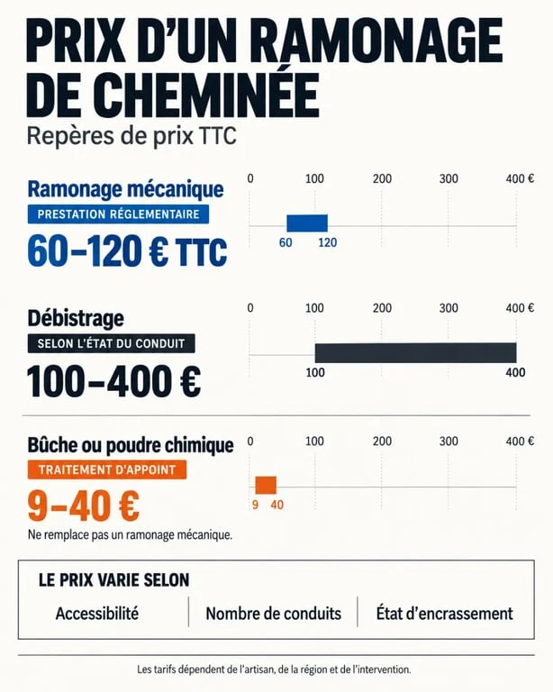Prix ramonage cheminée : fourchettes tarifaires du ramonage mécanique et du débistrage