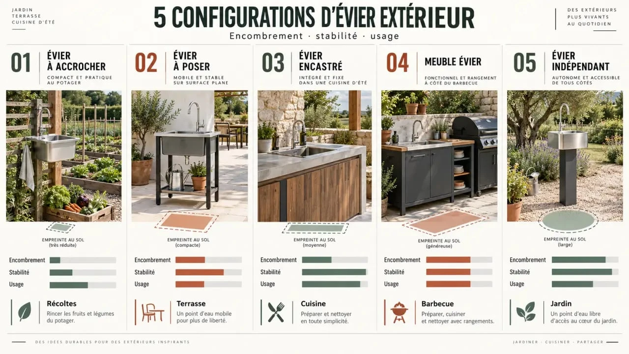 Évier pour extérieur : comparaison visuelle des configurations à accrocher, à poser, encastrée, sur meuble et indépendante