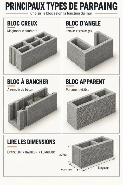 Infographie des types de parpaing et de leurs usages