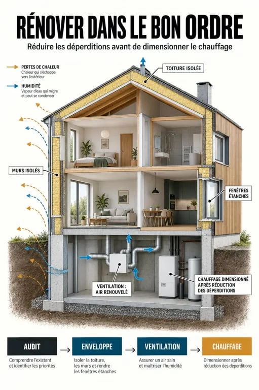 Travaux de rénovation énergétique : schéma des déperditions, de l’isolation, de la ventilation et du chauffage