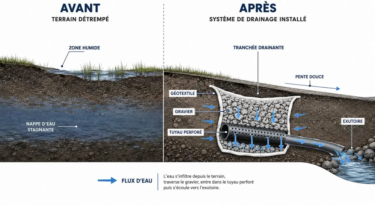 Drainage terrain : schéma en coupe d’une tranchée drainante avec gravier, tuyau perforé et exutoire