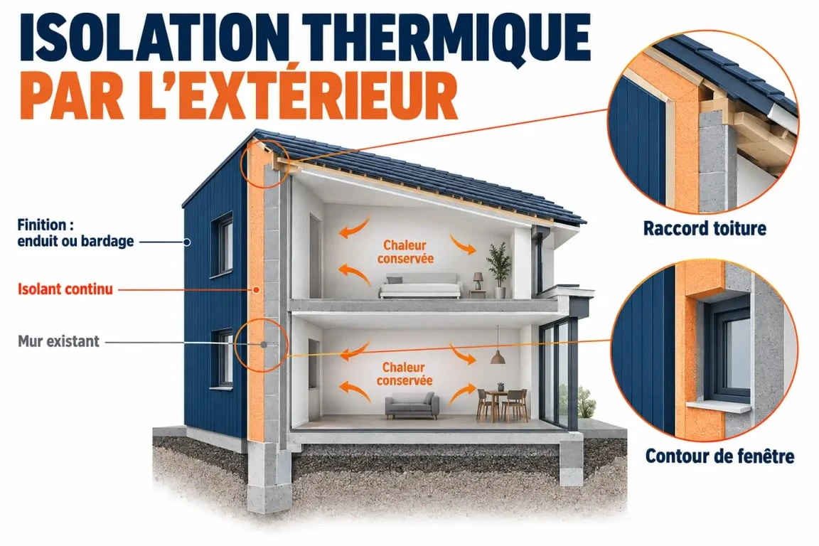 Schéma du principe de l'isolation exterieur avec couche isolante continue autour des murs