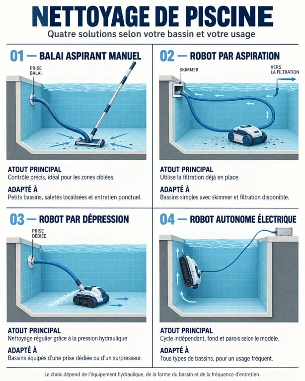 Infographie des solutions de nettoyage piscine : balai, aspirateur et robots