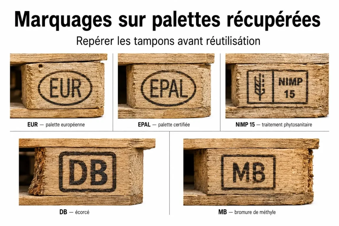 Palettes en bois gratuites : comparaison visuelle des marquages EUR, EPAL, NIMP 15, DB et MB avant récupération