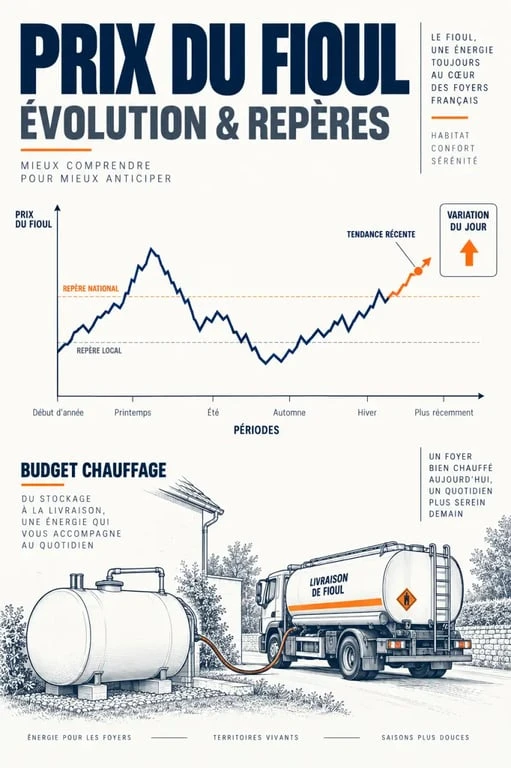 Infographie sur l’évolution du prix du fioul entre prix national, prix local et tendance quotidienne