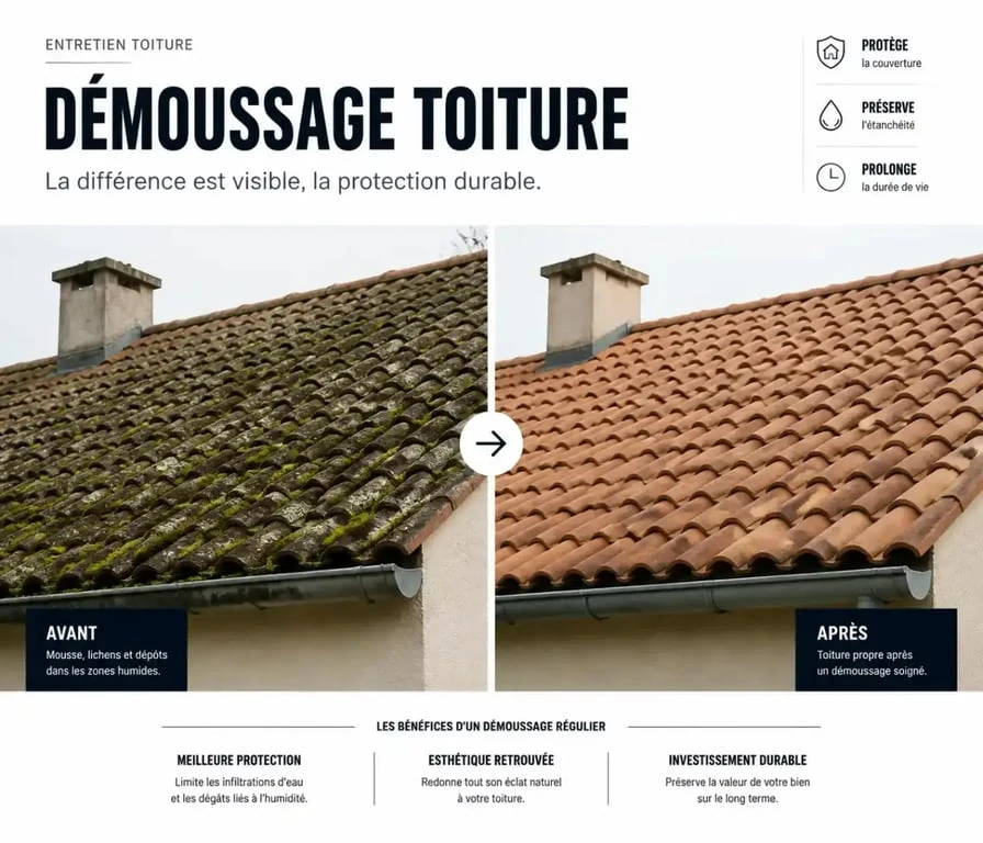 Comparaison avant après d’un démoussage toiture sur des tuiles couvertes de mousse