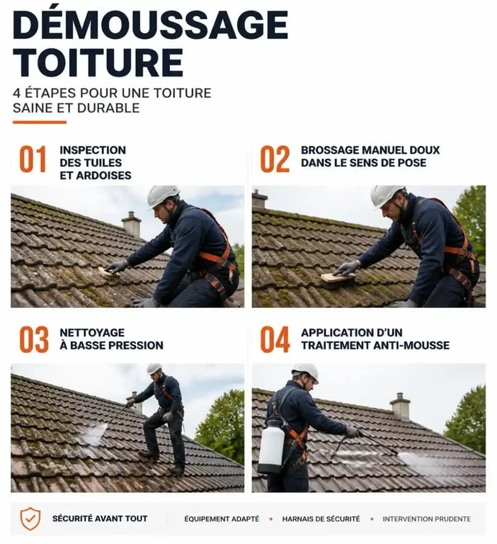 Les étapes d’un démoussage toiture : inspection, brossage, nettoyage basse pression et traitement anti-mousse