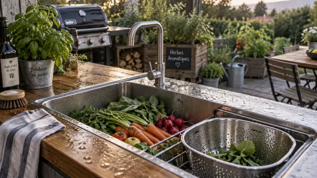 Évier pour exterieur en inox extérieur, cuve et robinetterie