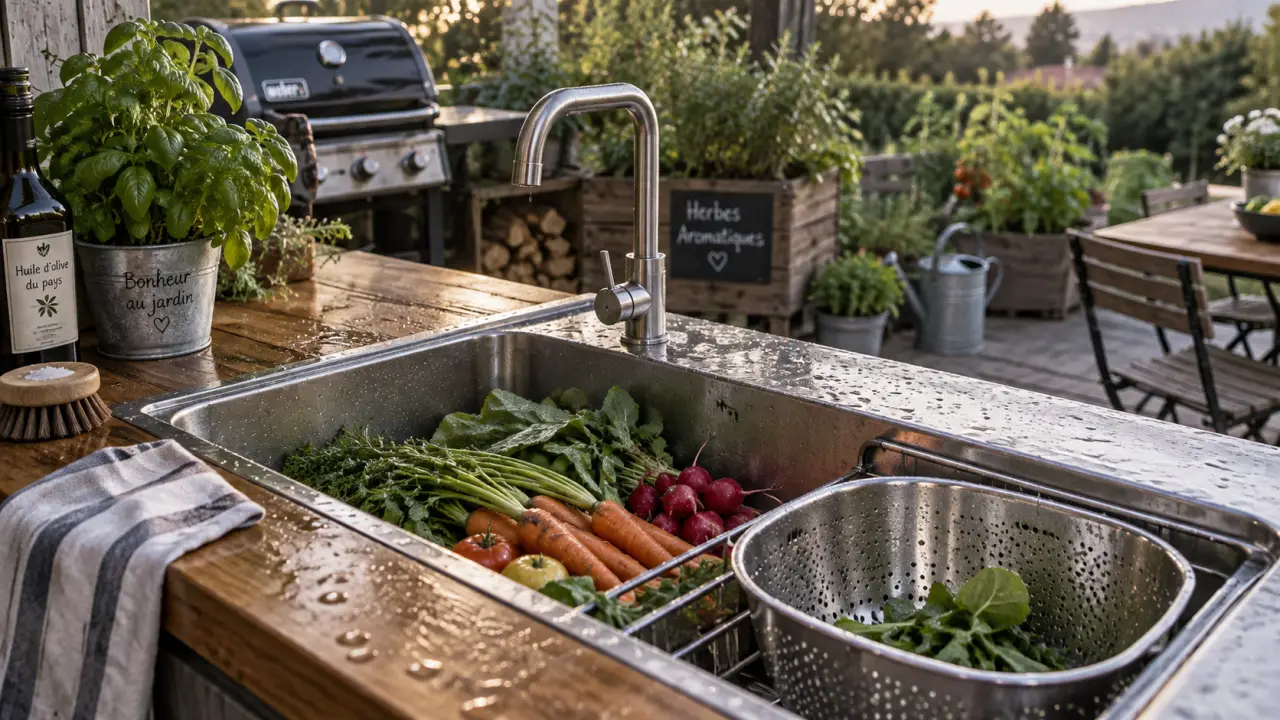 Évier pour exterieur en inox extérieur, cuve et robinetterie