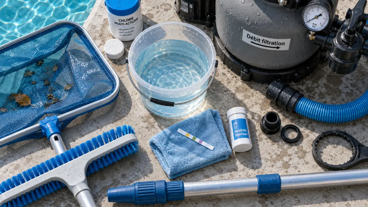 Nettoyage piscine : test pH 7,2, filtration efficace, 4 gestes