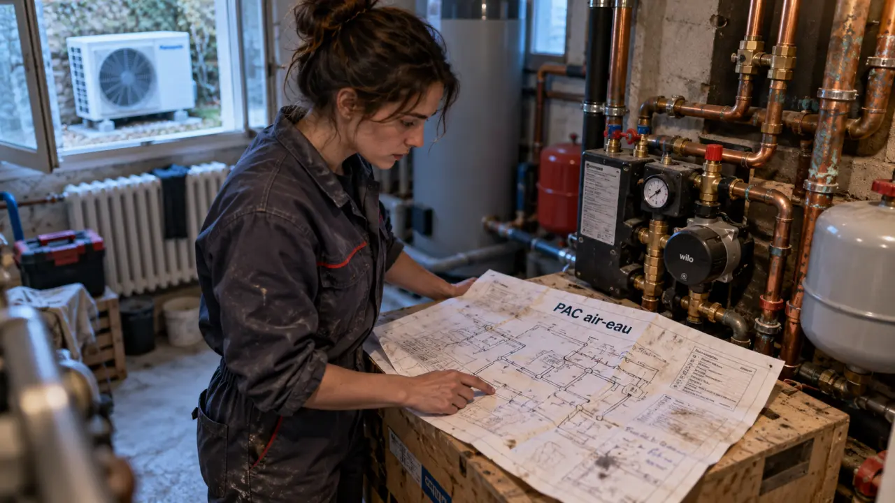 Chauffage plus économique : technicienne et PAC air-eau en chaufferie