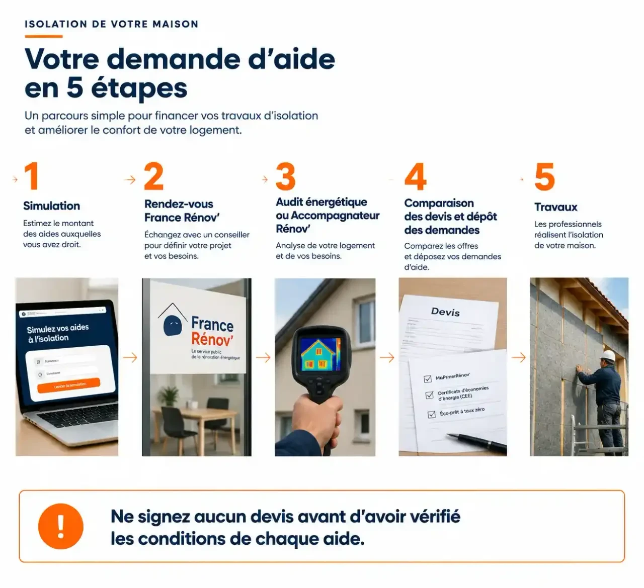 Parcours d'une demande d'aide isolation maison en cinq étapes, de la simulation au lancement des travaux