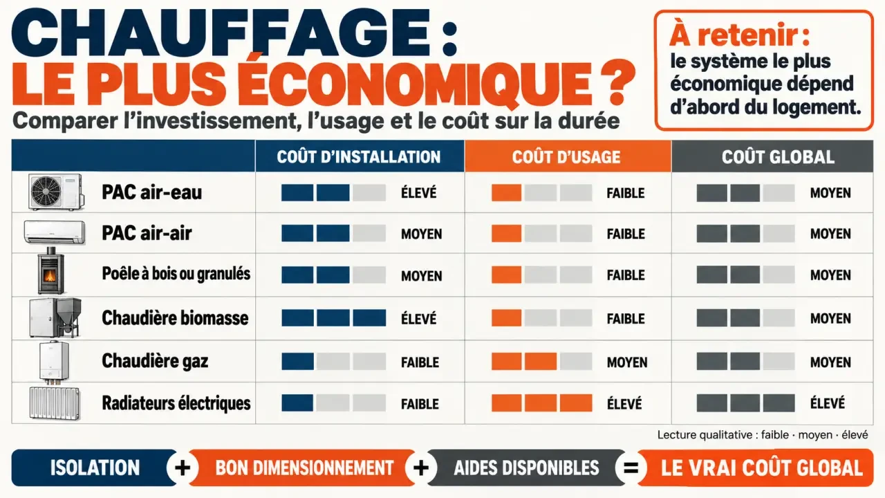 Infographie sur le chauffage plus économique selon le coût d'installation, d'usage et le logement