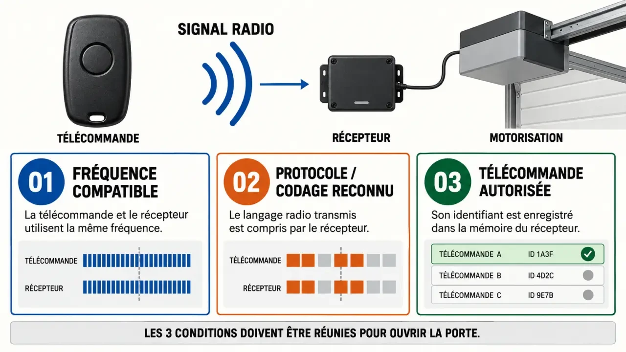 Schéma de fonctionnement d’un bip de garage entre télécommande, fréquence, codage et récepteur