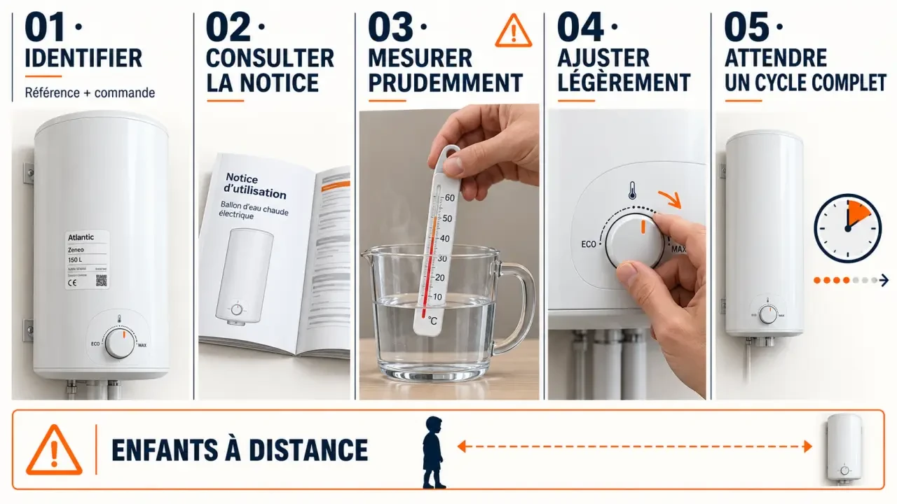 Étapes du réglage ballon eau chaude avec mesure de la température et précautions de sécurité