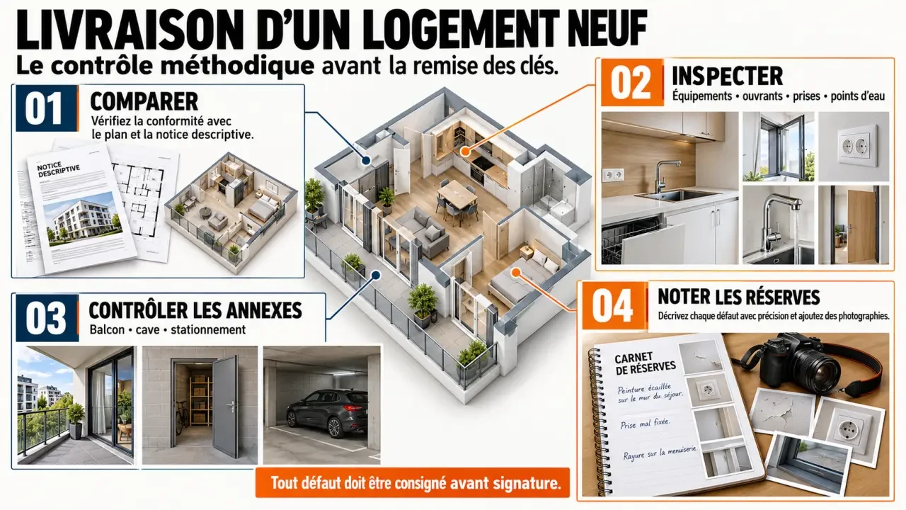 Infographie du contrôle à la livraison pour un achat immobilier neuf