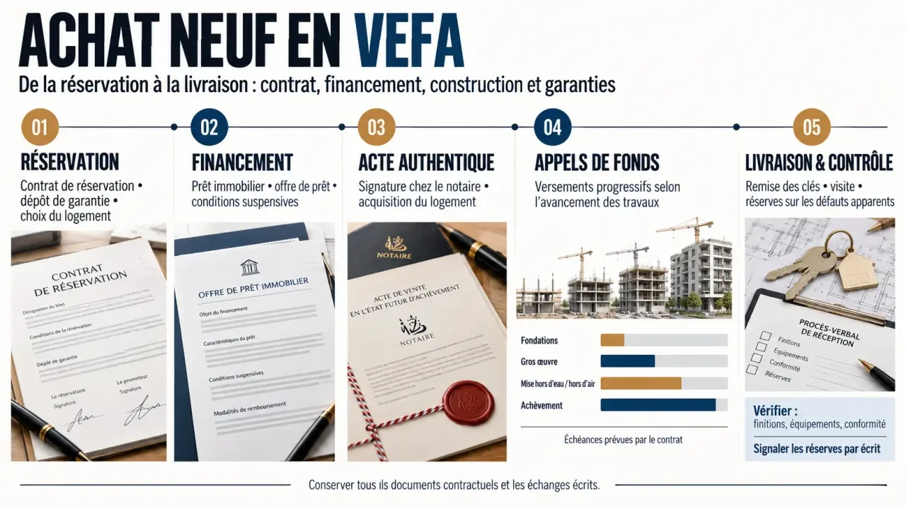 Infographie sur les étapes pour acheter un bien immobilier neuf en VEFA