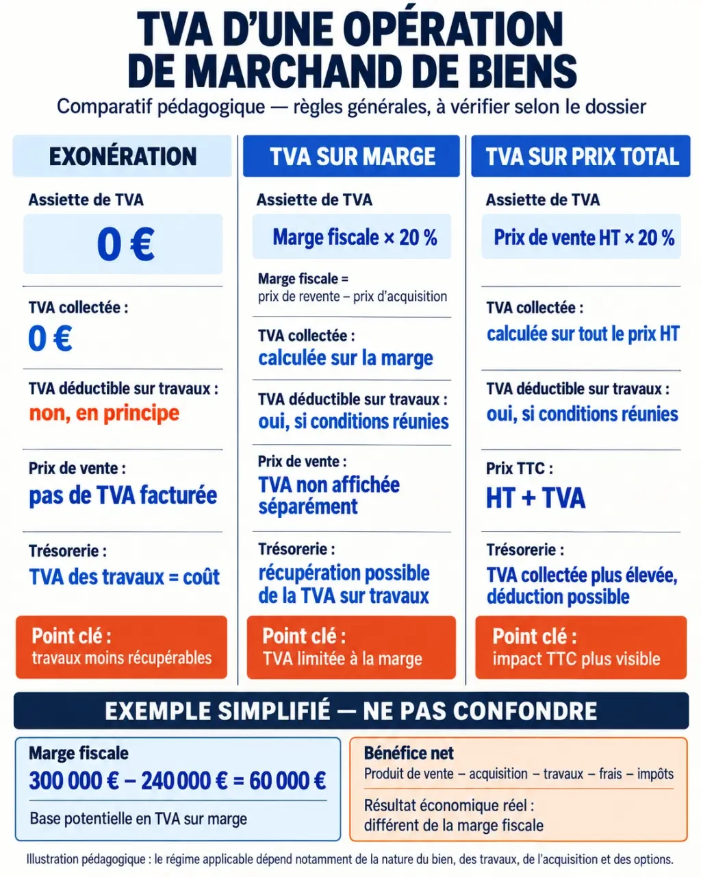 Infographie comparative sur le marchand de biens et la TVA : exonération, TVA sur marge et TVA sur prix total