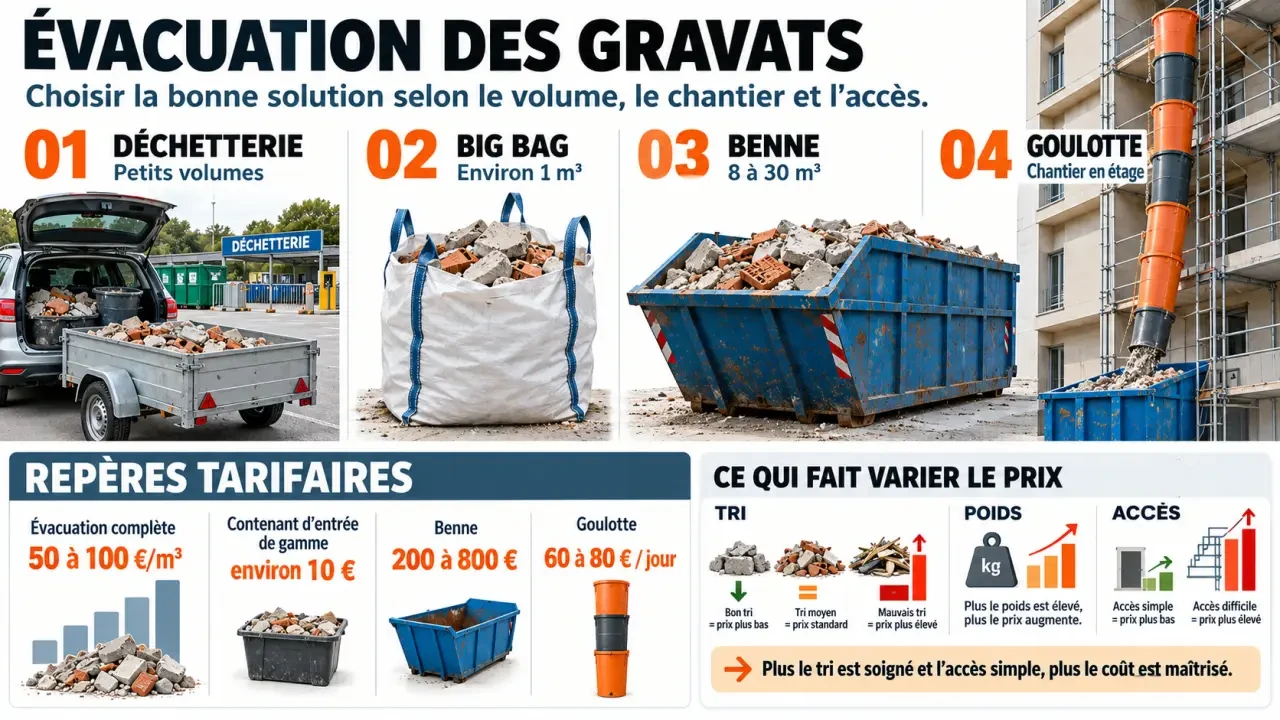 Infographie sur les solutions et les prix d'évacuation gravats